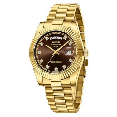 Imagem de NIBOSI Relógio masculino analógico, quartzo, aço inoxidável, ouro rosa, prata, à prova d'água, negócios, design clássico, com data, B07 - marrom dourado