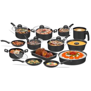 Imagem de Conjunto de Panelas 13 Peças Antiaderente com Tampa de Vidro Jogo Completo para Cozinha Uso Diário (Preto)