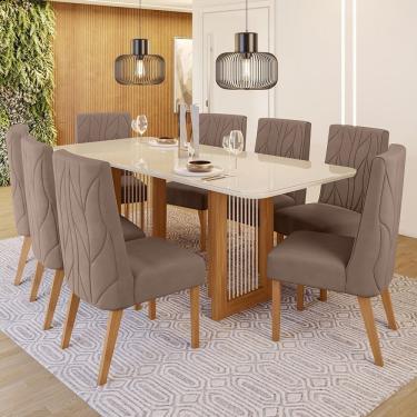 Imagem de Conjunto Sala De Jantar Tampo Mdf/Vidro 8 Cadeiras Michelle Nature/Off White/Marrom Amêndoa