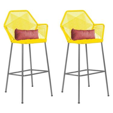 Imagem de Kit 02 Banqueta Alta Com Encosto Sttar Ferro Prata Fibra Amarelo Almofada Suede Rose Gold