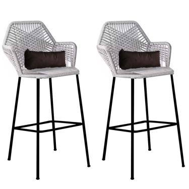 Imagem de Kit 02 Banqueta Alta Sttar Ferro Preto Fibra Cinza Almofada Corino Marrom