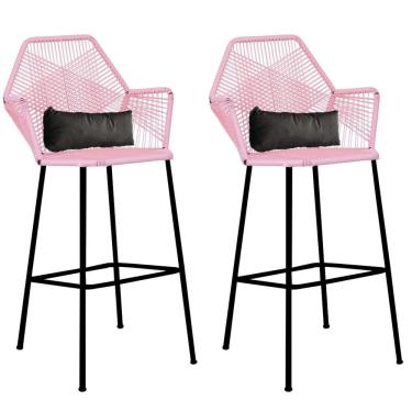 Imagem de Kit 02 Banqueta Alta Sttar Ferro Preto Fibra Rosa Bebê Almofada Corino Cinza - Amey Decor