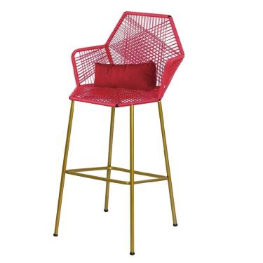 Imagem de Banqueta Alta Sttar Ferro Dourado Fibra Vermelho Almofada Suede Vermelho - Amey Decor