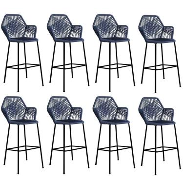 Imagem de Kit 08 Banqueta Alta Sttar Cozinha Ferro Preto Fibra Azul Marinho
