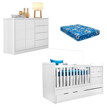 Imagem de Berço Multifuncional Cleo Com Cômoda Blenda Branco Acetinado E Colchão - Phoenix