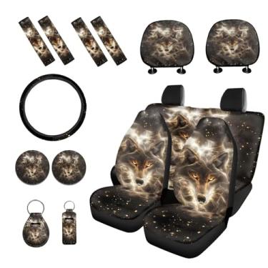 Imagem de PCSJRKG Conjunto de 15 peças de capas interiores de carro com estampa de lobo, conjunto de capas de assento elástico para assento dianteiro traseiro protetor de cinto de segurança protetor de volante