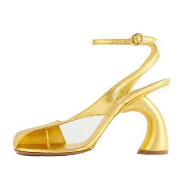 Imagem de Vertundy Sandálias Femininas De Salto Alto, Couro, Bico Quadrado, Com Tira Ajustável No Tornozelo, Fivela, Estilo Tanga Dourada