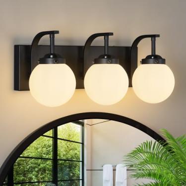 Imagem de FDPBY Luminária De Banheiro Com 3 Luzes, Moderna, Areia Preta, Globo Vidro Branco Leitoso, Iluminação Sobre Espelho, Arandela Para Quarto, Sala Estar E Corredor