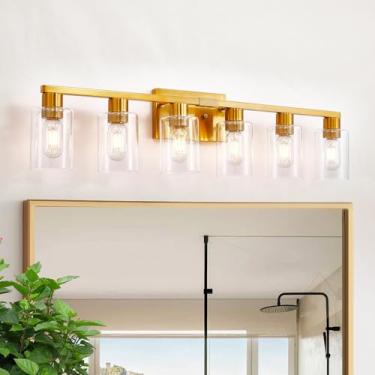 Imagem de HDASIC Luminárias De Banheiro Com 6 Luzes, Penteadeira Grande Dourada Cúpula Vidro Transparente, Latão Escovado Estilo Fazenda Sobre O Espelho, Arandelas Parede Modernas Para Quarto E Sala Estar
