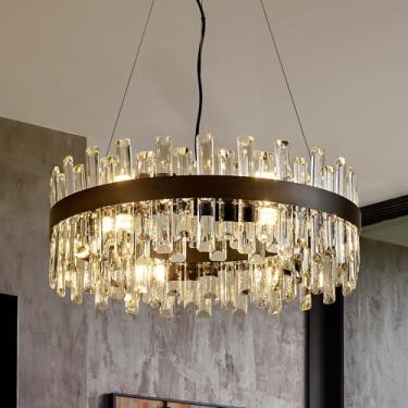 Imagem de lighceac Lustre De Cristal Preto Moderno 21,7" Com Luminárias, Luxo 2 Anéis Para Sala Jantar, Iluminação Pendente Redonda 12 Luzes, Estar, Cozinha, Ilha, Entrada, Quarto