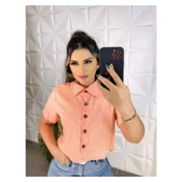 Imagem de Blusa Feminina Cropped Camisa Social Botões Em Viscolinho - amora mora