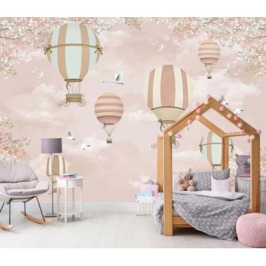 Imagem de Papel de parede de fundo rosa balão de ar quente subindo no céu, mural de parede adequado para decorar quartos de crianças e salas de estar