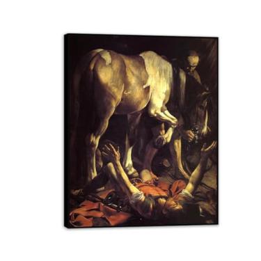 Imagem de A Conversão de São Paulo por Caravagio famosa impressão de arte em tela famosa reprodução de pintura barroca melhora a decoração de sua casa ou escritório 65 x 50 cm (66 x 48 cm) moldura preta