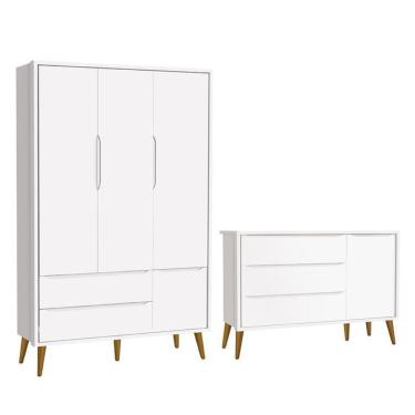 Imagem de Jogo de Quarto Infantil Theo Retrô Guarda Roupa 3 Portas e Cômoda 1 Porta com Pés Amadeirado - Reller Móveis Branco Fosco