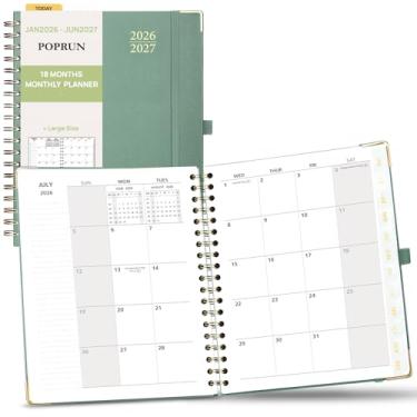 Imagem de POPRUN Agenda mensal 2026-2027 capa dura espiral (20 x 25 cm), calendário de 18 meses (janeiro de 2026 a junho de 2027) - 2 páginas por mês com páginas pontilhadas, início de domingo, aba laminada