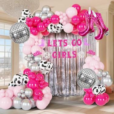 Imagem de ECEAE Kit De Guirlanda De Arco De Balões De Vaqueira Para Último Rodeio, Faixa De Despedida De Solteira, Decorações De Festa De Aniversário, Rosa Quente, Rosa Vermelha, Prata, Estampa De Vaca, Bota De