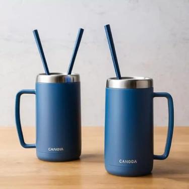 Imagem de Caneca Térmica Parede Dupla em Aço Inox Azul 350ml com Canudo - Estilo Minimalista