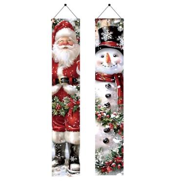 Imagem de Saoplasa 2 peças de decoração de bandeira de alpendre de Natal 188 x 30 cm placa de pendurar Papai Noel e boneco de neve ao ar livre vertical porta da frente banner de feriado para festa de jardim de