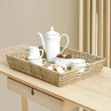 Imagem de JS HOME Bandeja de servir com alças, bandeja decorativa de vime para sala de estar, bandeja de mesa de café moderna, travessas retangulares grandes para decoração de casa, otomano, cama, cozinha