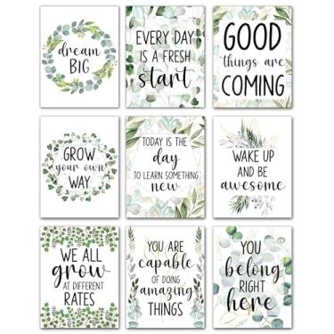 Imagem de Impressões inspiradoras de arte de parede, citações motivacionais com design de eucalipto em aquarela, conjunto de 9 peças para escritório, sala de aula, decoração de sala de terapia