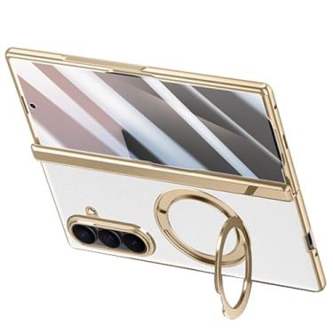 Imagem de POYUFRG Capa magnética para Samsung Galaxy Z Fold 7, capa de proteção de dobradiça de tela de couro galvanizado de luxo com suporte de anel giratório, branca, Z Fold 7