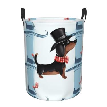 Imagem de Cesto de roupa suja parisiense dachshund dobrável à prova d'água cesto de armazenamento de roupas com alças pano oxford organizador de brinquedos cesta para banheiro, lavanderia, quarto, médio