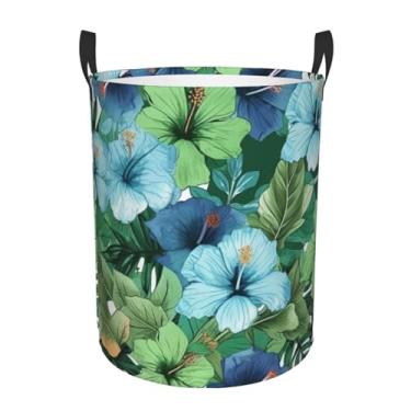 Imagem de Cesto de roupa suja com flores de hibisco verde e azul, dobrável, impermeável, cesto de armazenamento de roupas com alças, pano Oxford, organizador de brinquedos, cesta para banheiro, lavanderia
