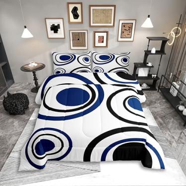 Imagem de Erosebridal Conjunto de cama solteiro listrado, branco, azul, preto, para adultos, mulheres, homens, moderno, círculo, abstrato, linhas de graffiti, minimalista, estética, boêmio, coleções de cama