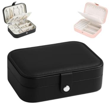 Imagem de Porta Joias Organizadora Bijuterias Portátil para Viagem Caixa Maleta Estojo Organização Aneis Prata Ouro Acessórios Brincos com Botão Couro PU com Divisórias (Preto)