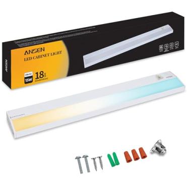 Imagem de Ansen Iluminação sob armário com fio, luz LED de 45,7 cm 15W para cozinha/armário, 998,4 lm, CRI>92, R9>90, regulável, 3 temperaturas de cor, 3000K/4000K/5000K (branco quente, branco frio, luz do dia)