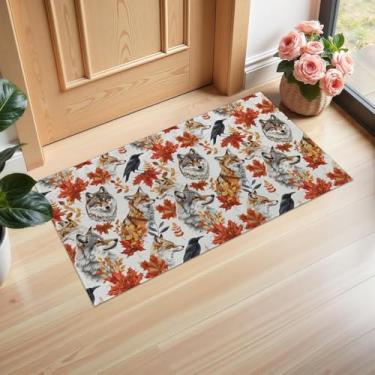 Imagem de Ti Caldi Tapete de porta interior de lobo e raposa de outono, 75 × 43 cm, capachos de tecido não tecido rústico para entrada, cozinha, quarto, tapete antiderrapante para decoração de casa, presentes
