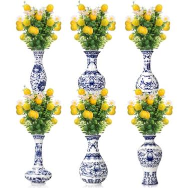 Imagem de Vesici 6 conjuntos de decoração de mesa de limão com azulejos azuis, 6 vasos brancos azuis de porcelana e 6 ramos de limão artificiais para decoração de festa Capri Mediterrânea Positano, casamento
