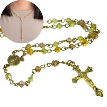 Imagem de Colar terço de cristal Austríaco Amarelo Mesclado 4mm Folheado à ouro 