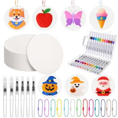 Imagem de AmazingSpark 50 Pcs 3D Foam Texture Painting Paper Kit with 24 Colors Acrylic Paint Markers 6 Water Brush Beaded Chains Drawing Canvas Sponge Puffy Paint Sheets for DIY Craft Party Supplies (Round)