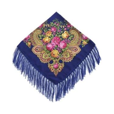 Imagem de Lenço Quadrado Floral com Franjas - Estilo Ucraniano Babushka, Azul re