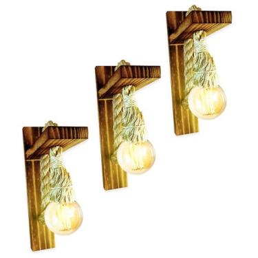Imagem de Kit 3 Arandela Luminária Parede Madeira Retrô Rústica Sisal - JKVERAS