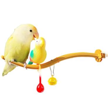 Imagem de Poleiros de pássaro com sino Canário Finch Budgie Cage Suporte universal de plástico para brinquedo adaptável a todas as gaiolas (com brinquedo de pássaro, amarelo)