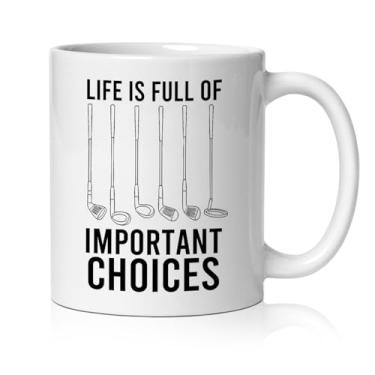 Imagem de BEHIFL Caneca de golfe engraçada, presentes de golfe, xícara de café, cerâmica, presentes de golfe para mulheres e homens, golfistas, vida cheia de escolhas importantes, caneca de chá de café de