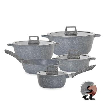 Imagem de MODA DO CHEF Jogo de Panelas Antiaderente com Tampa em Vidro 5 Peças Graniflon Cinza com Frigideiras e Caçarolas Cozinha Moderna e Saudável