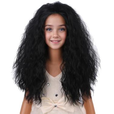 Imagem de PATTNIUM Peruca preta para crianças, longa, ondulada, encaracolada, preta, unissex, perucas longas, festa, Halloween, cosplay, peruca sintética
