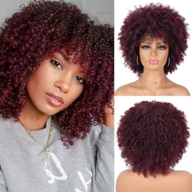 Imagem de Looxey Peruca afro para mulheres negras, peruca sintética fofa e macia, encaracolada, sem cola, peruca curta encaracolada, ombré, bordô, encaracolado, perucas com franja, cabelo encaracolado para