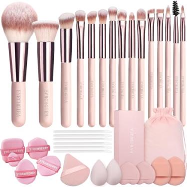 Imagem de EVRCHGIEA 15 pincéis de maquiagem para viagem, base, corretivo, sombras, conjunto de mini pincéis de maquiagem com 12 peças, esponja e bolsa (rosa)