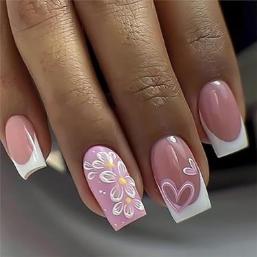 Imagem de Pregos postiços quadrados médios com ponta francesa branca, unhas postiças com design de flores, cola em unhas de acrílico rosa, cobertura completa para mulheres, 24 peças