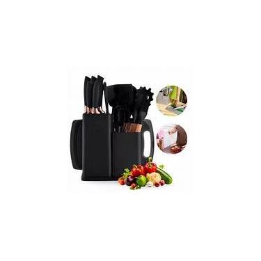Imagem de Kit Utensílios de Cozinha 19 Peças, Silicone e Madeira, com Facas, Espátulas, Tábua de Corte e Suporte