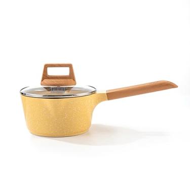 Imagem de Panela de Cerâmica com Tampa de Vidro Luxo, 16cm, Alça de Madeira, Parede Dupla, Revestimento Antiaderente, Compatível com Fogão Elétrico e Indução (Amarelo)