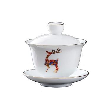 Imagem de Porcelana Gaiwan 226.8 g Xícara de chá branca vitrificada Tureen Chinese Sancai Cover Bowl Lip Cup Saucer Set (Red Deer)