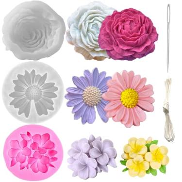 Imagem de Pacote com 3 lindos moldes de resina de flor 3D para sabão de silicone com agulha de absorção de olhos grandes, candelabro, moldes para velas, molde de vela de silicone peônia para bolo de chocolate