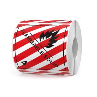 Imagem de YIKIADA 500 PCS Hazard Class 4 D.O.T. Etiquetas sólidas inflamáveis 10 × 10 cm adesivos removíveis de vinil à prova d'água para armazenamento de transporte
