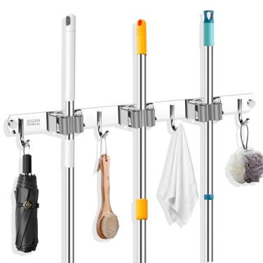Imagem de Dmikcav Suporte de esfregão e vassoura montado na parede, 3 prateleiras e 4 ganchos para vassoura, suporte de vassoura de aço inoxidável atualizado, autoadesivo, organizador de vassouras, organizador