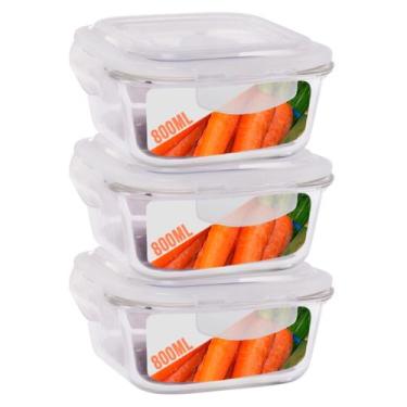 Imagem de Pote Vidro Hermético Marmita Tampa Plástico 800ml 3 Unidades - PRATICA